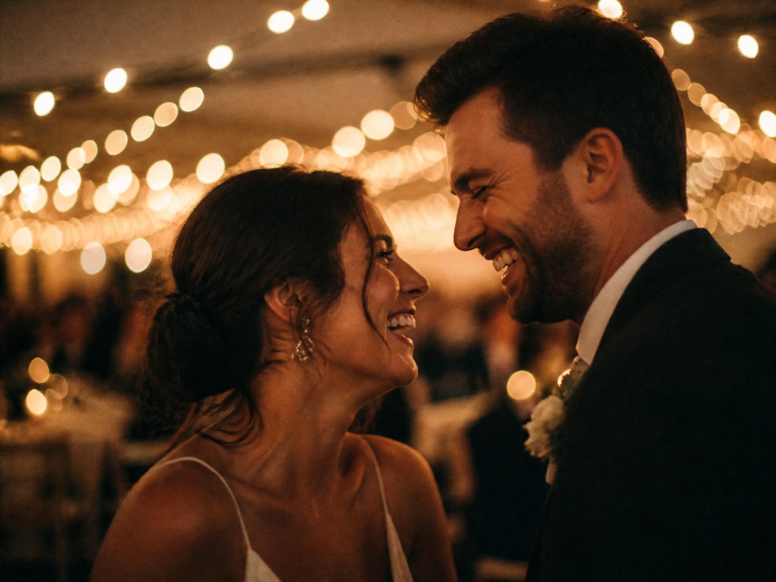 Bride and groom laughing under warm string lights at a wedding, heavy film grain.
